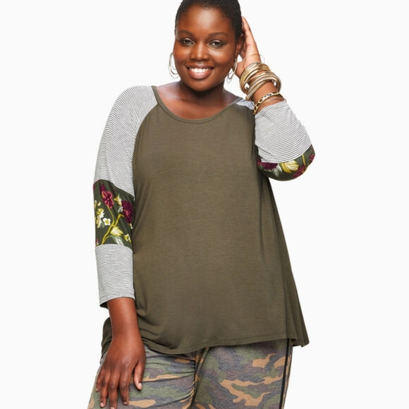 Loraette Tops - Loralette || Green Stripe and Floral Baseb…